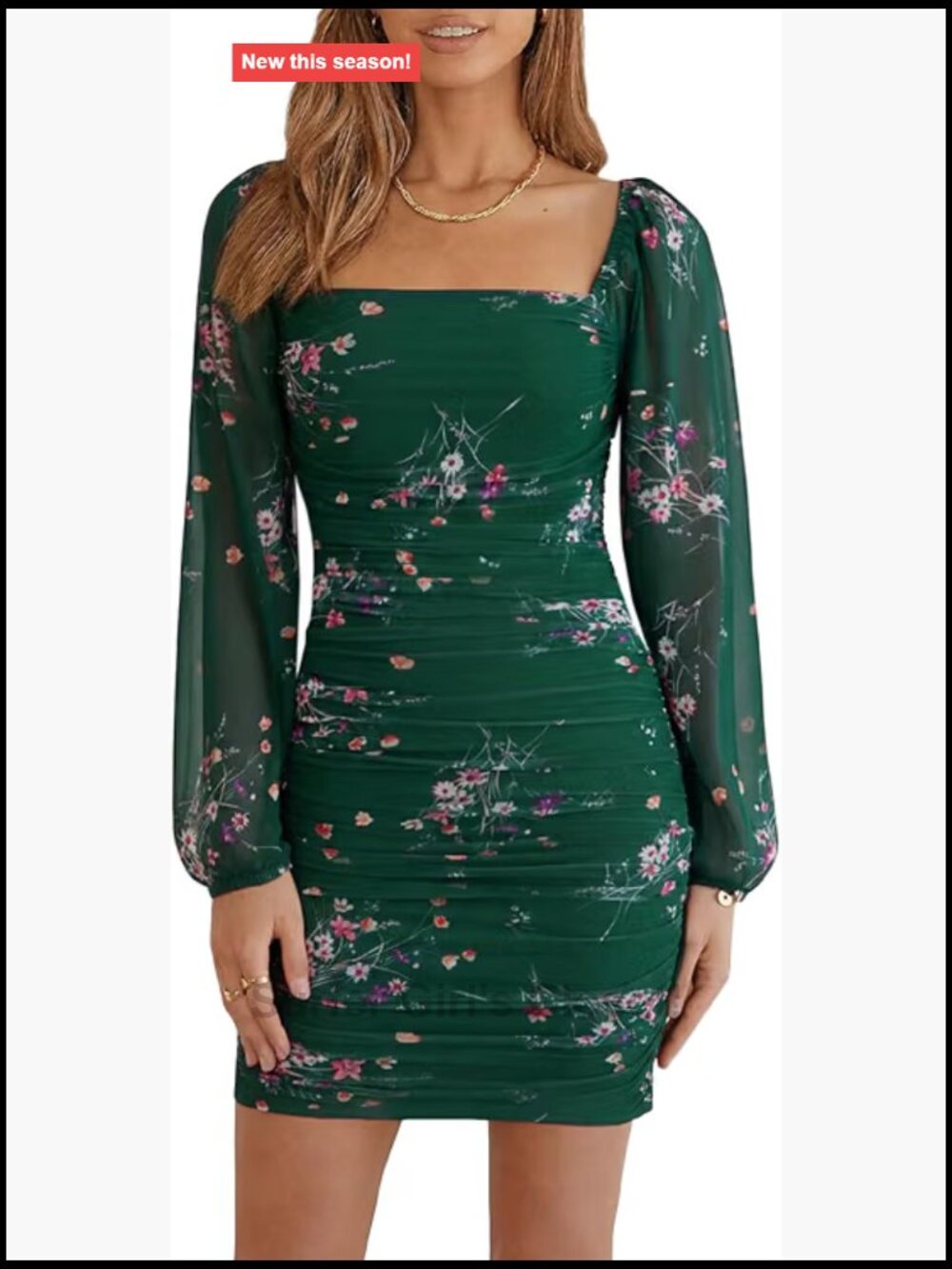 Women's Mesh Long Sleeve Square Neck Ruched Bodycon Mini Dress Club Party